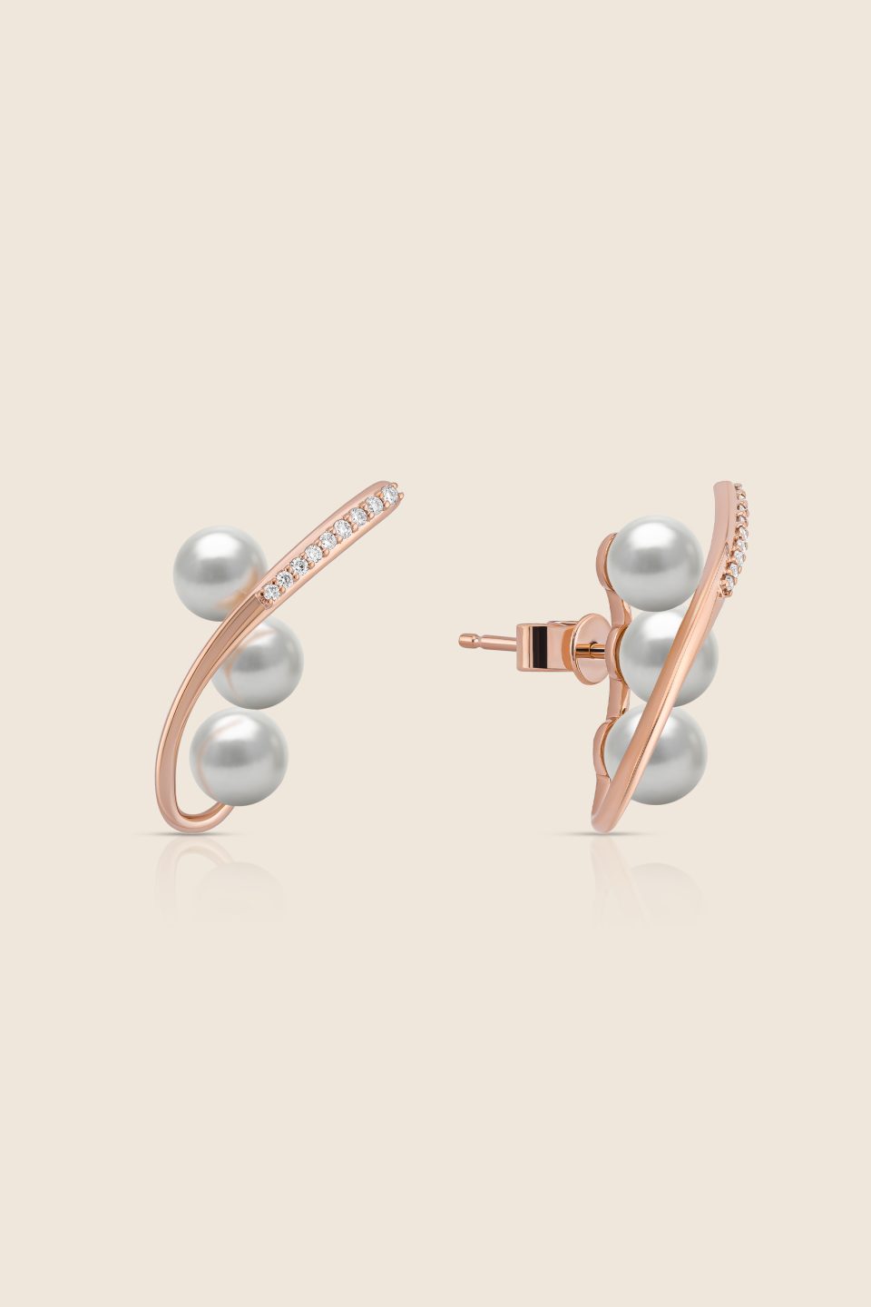 lavita rose gold diamond curved earring with 3 pearls