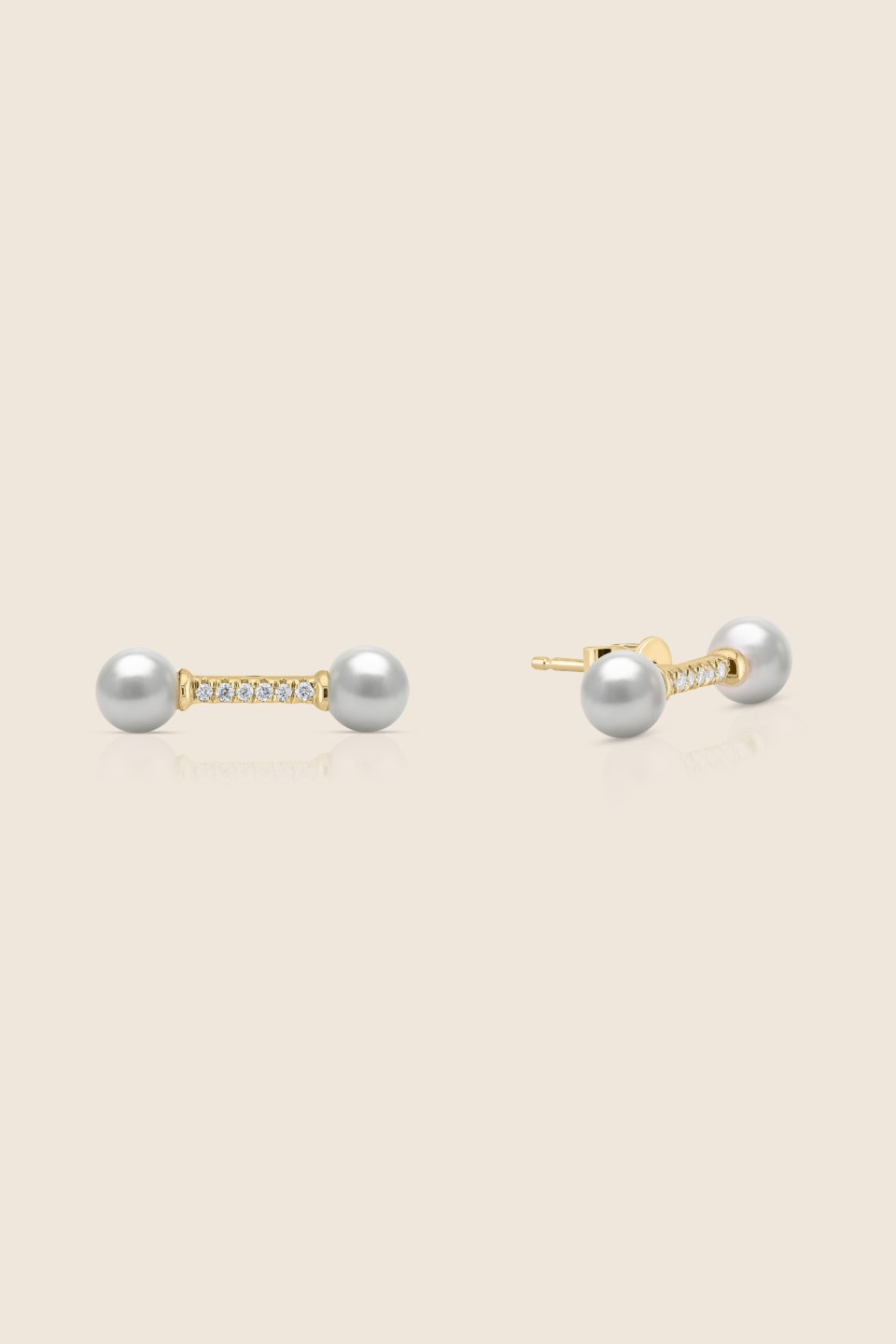 lavita yellow gold diamond balance bar earring with twin pearls