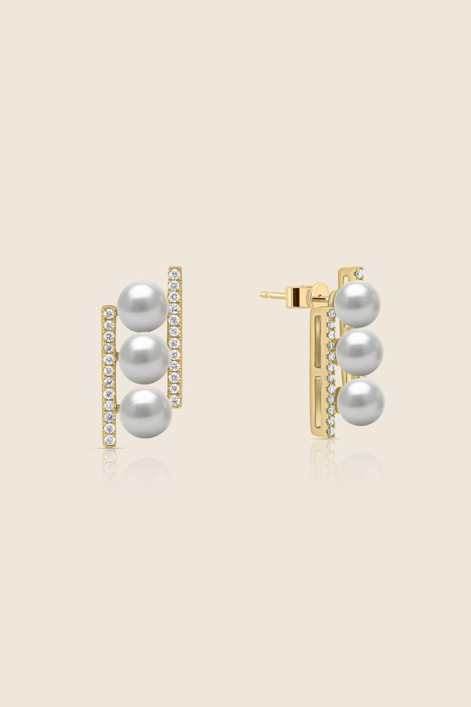 lavita yellow gold diamond vertical earring with three stacked pearls