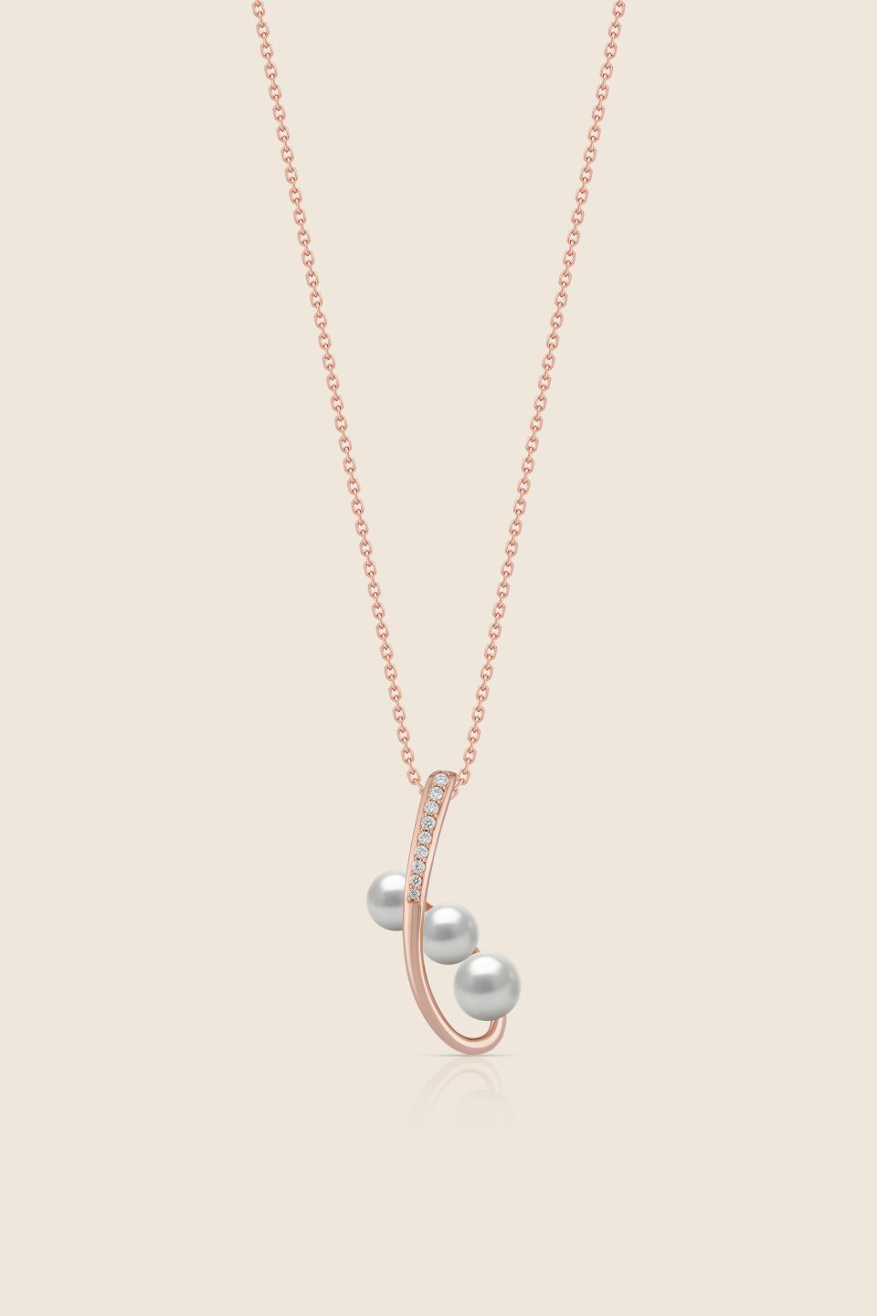 lavita rose gold diamond curved pendant with 3 pearls