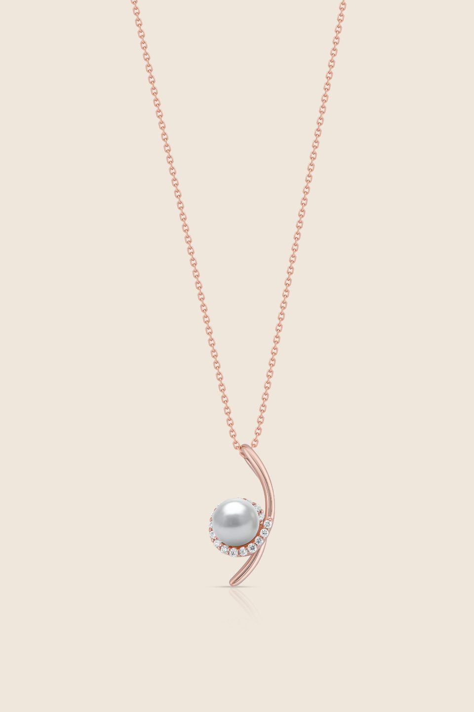 lavita rose gold flow pendant with diamonds and a center pearl