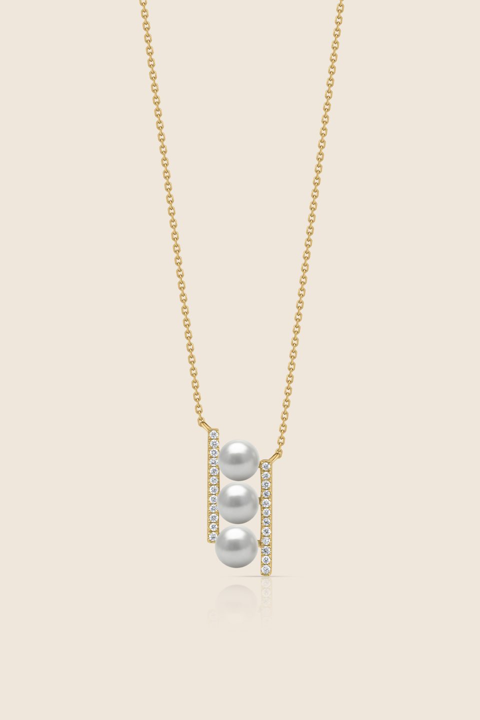 lavita yellow gold diamond vertical pendant with three stacked pearls