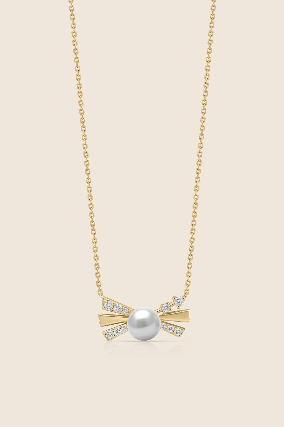 lavita rose gold bow pendant with diamonds and a center pearl