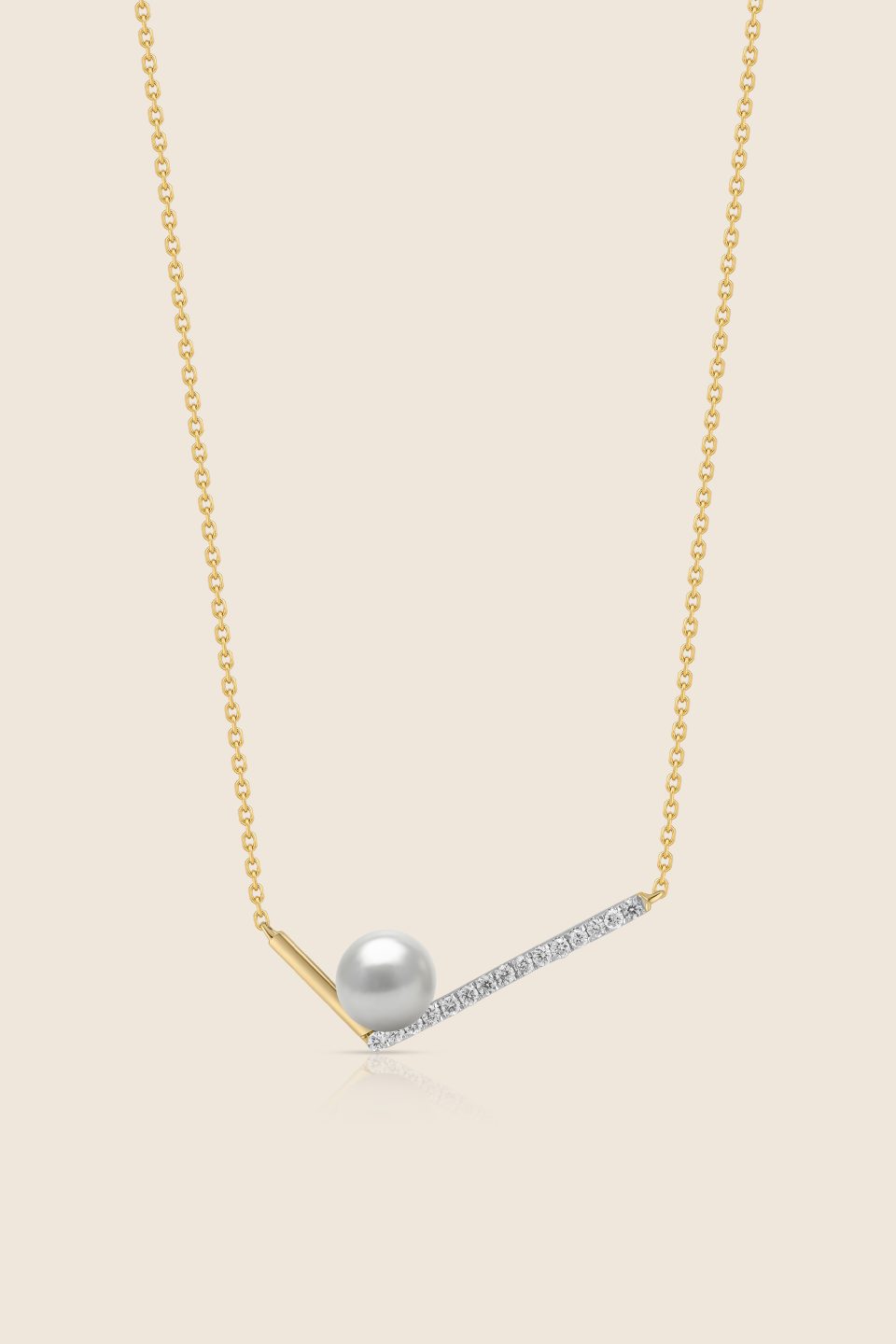 lavita yellow gold diamond geometric v pendant with center pearl