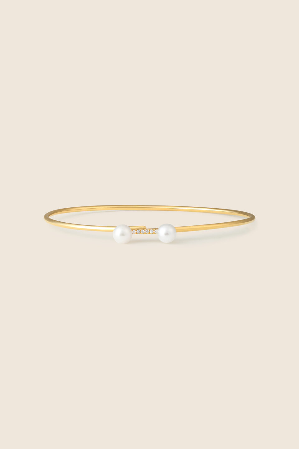 lavita yellow gold diamond balance bar bangle with twin pearls