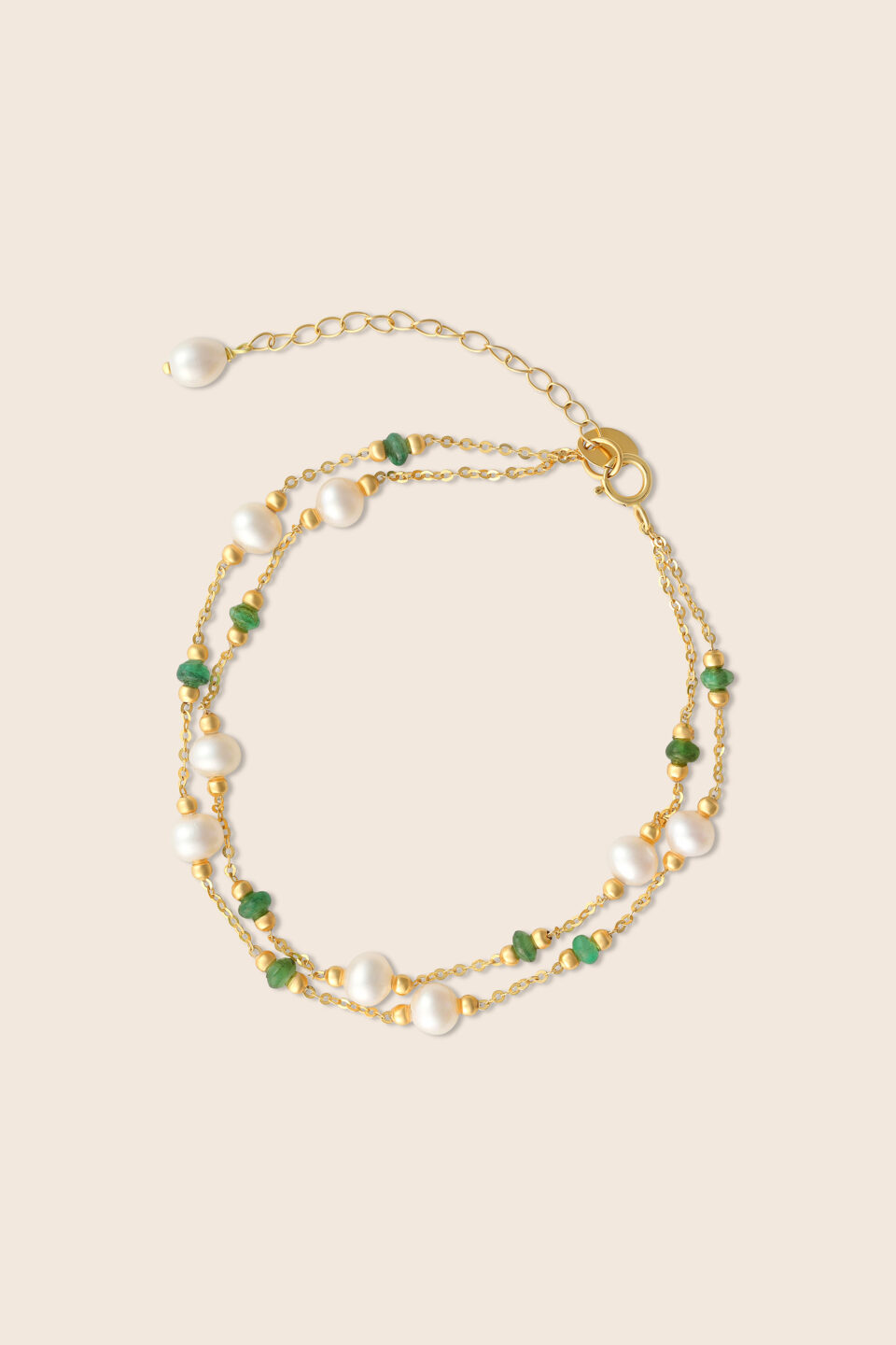 Lavita yellow gold pearl layered bracelet with emerald beads
