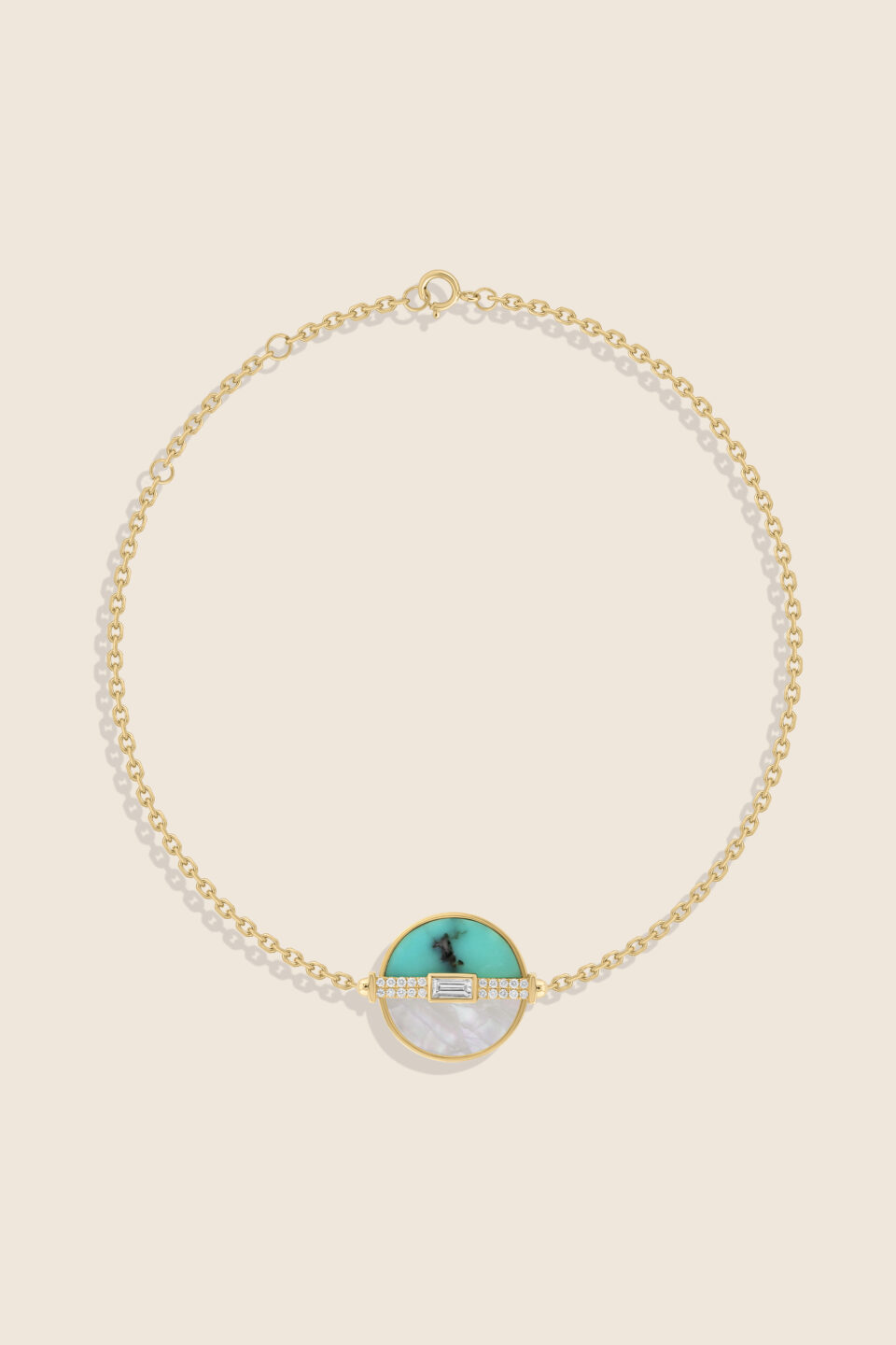 novelty yellow gold diamond bracelet with mop and turquoise