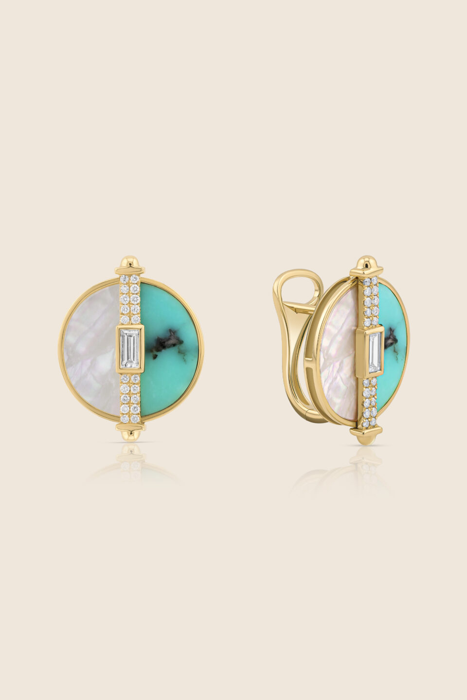 novelty yellow gold diamond earring with mop and turquoise