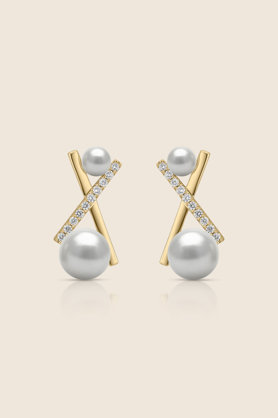 lavita yellow gold diamond cross bar earring with two pearls