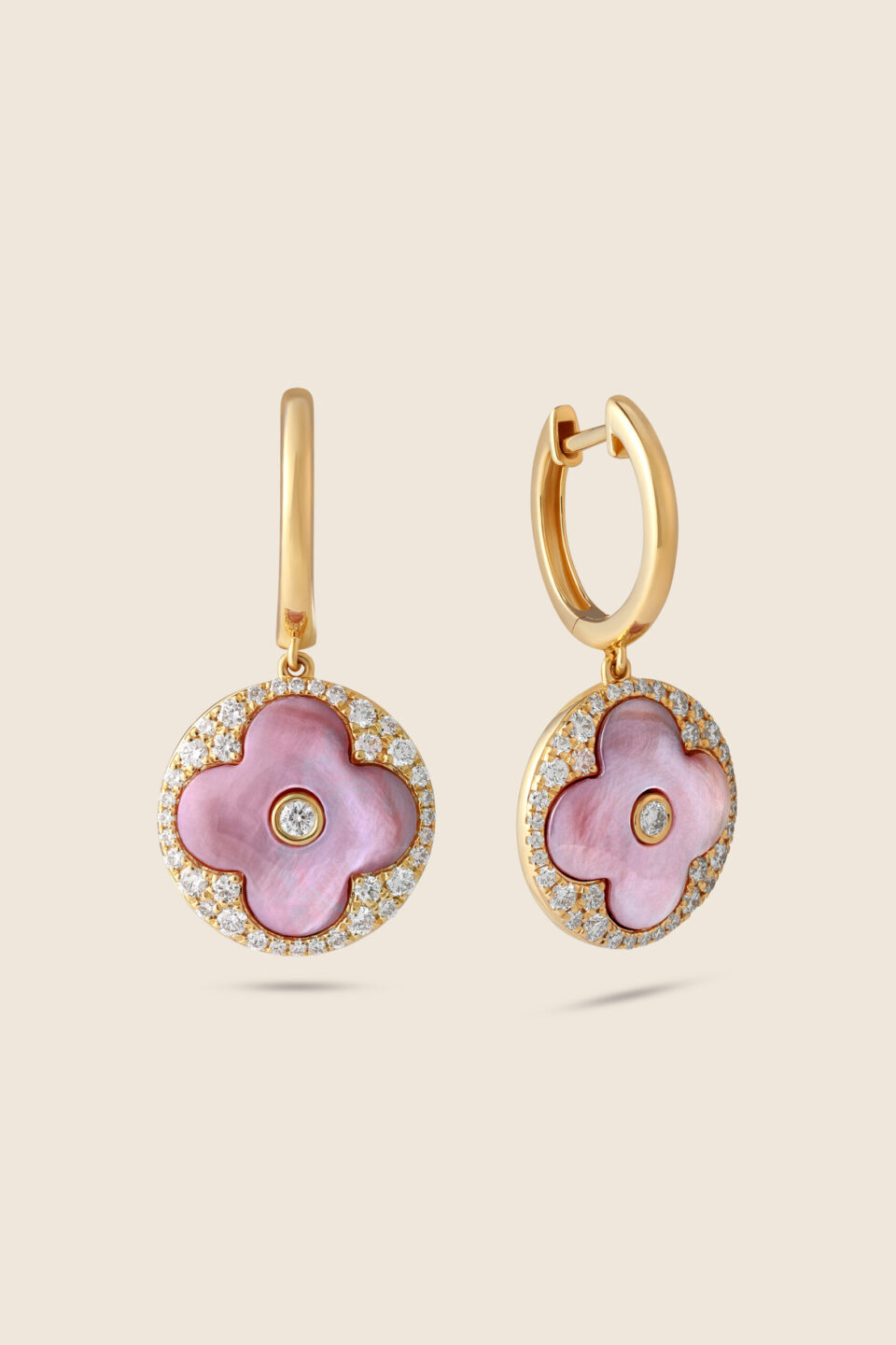 Amara yellow gold diamond earring with pink MOP