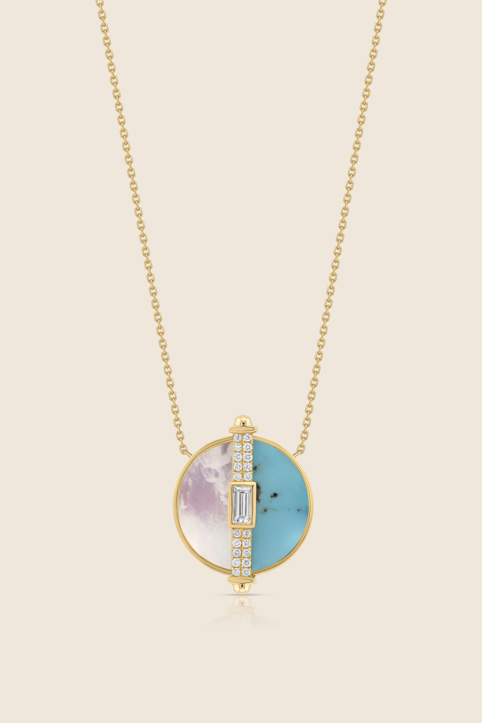 novelty yellow gold diamond pendant with mop and turquoise