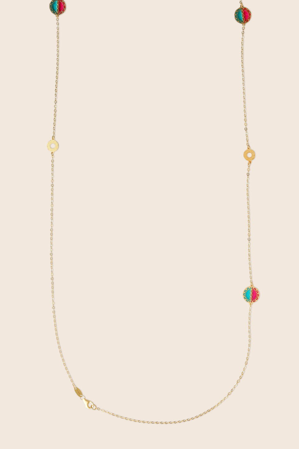 Novelty yellow gold long chain with gem stones