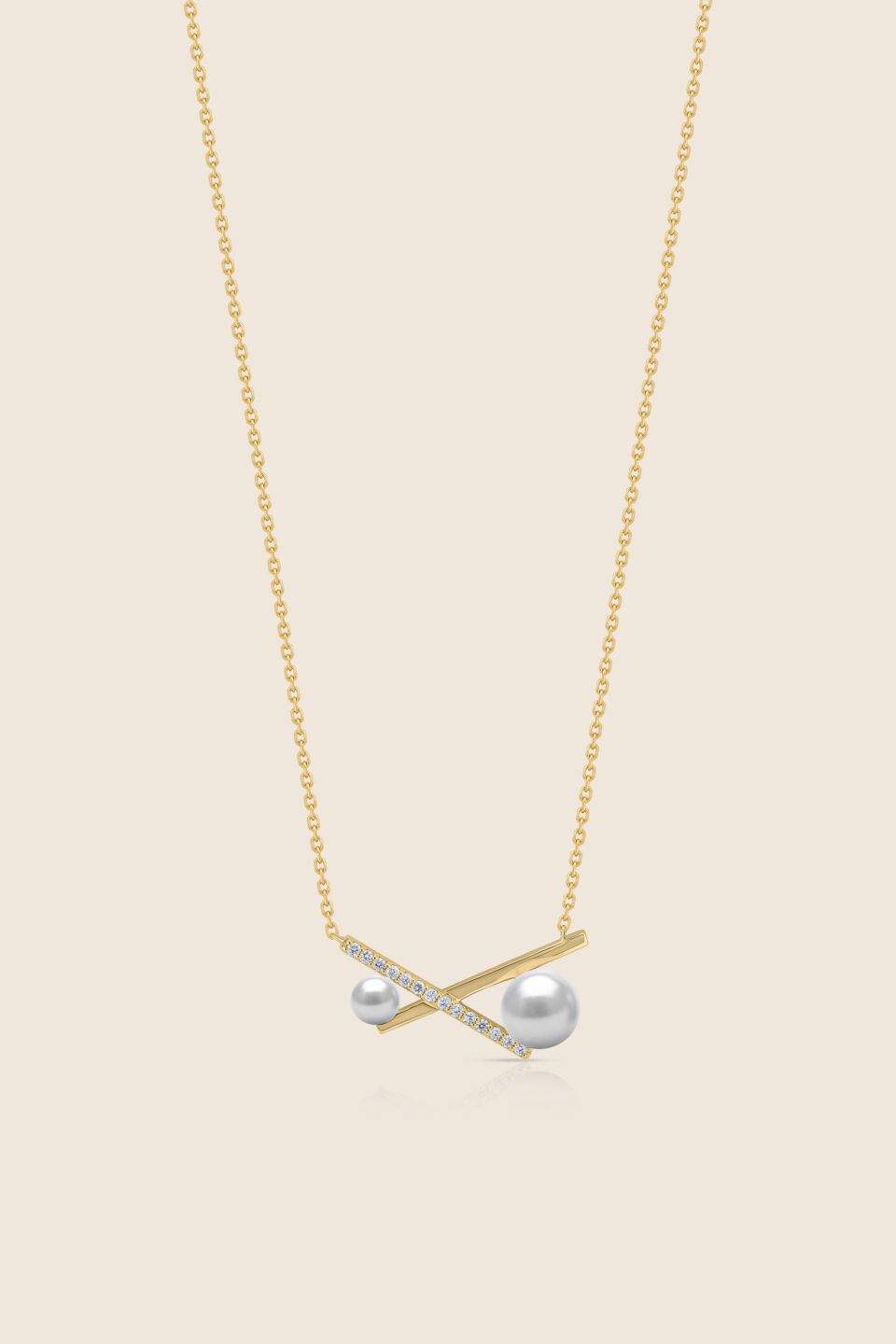 lavita yellow gold diamond cross bar pendant with two pearls