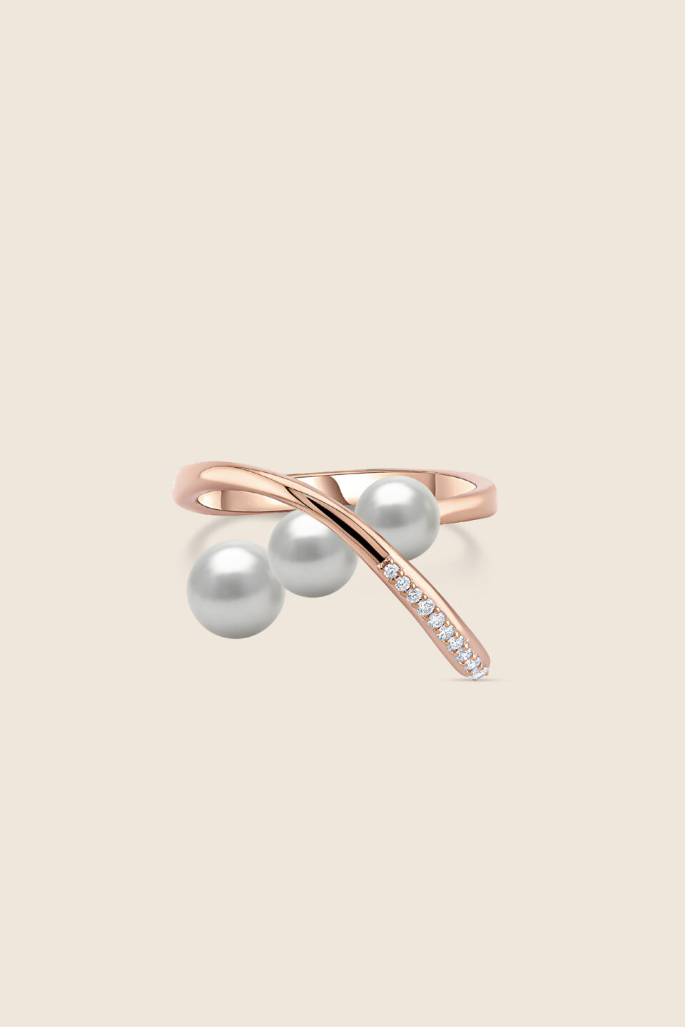 lavita rose gold diamond curved ring with 3 pearls