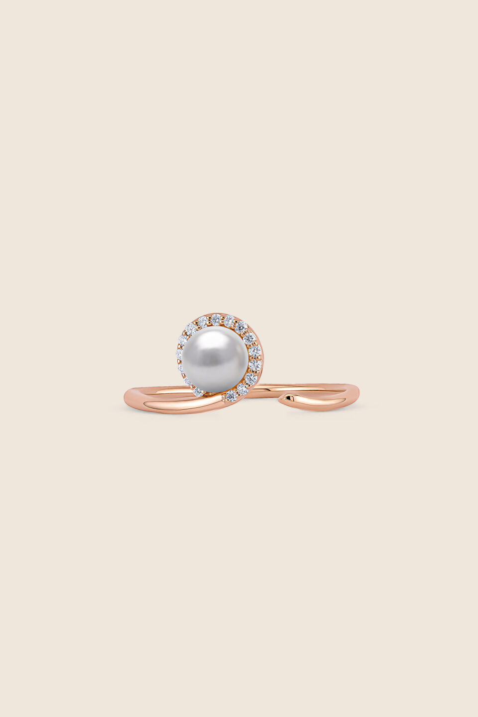 lavita rose gold flow ring with diamonds and a center pearl
