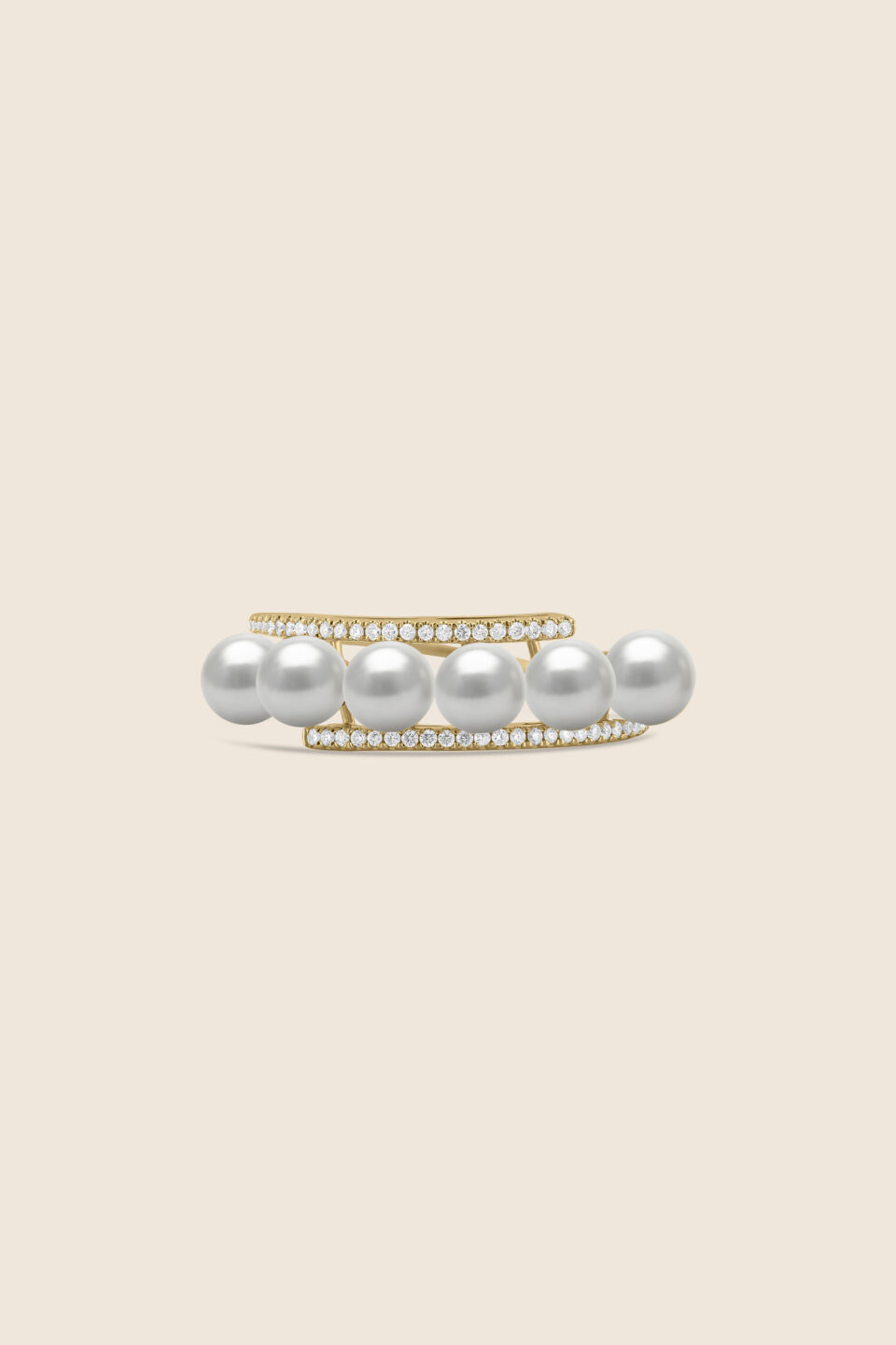 lavita yellow gold diamond vertical ring with three stacked pearls