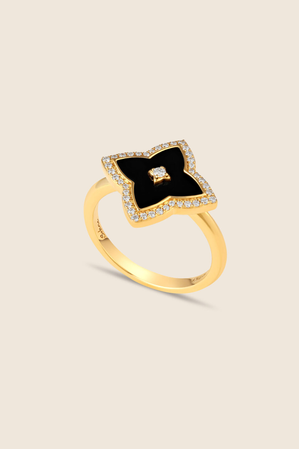 Amara yellow gold diamond ring with black onyx