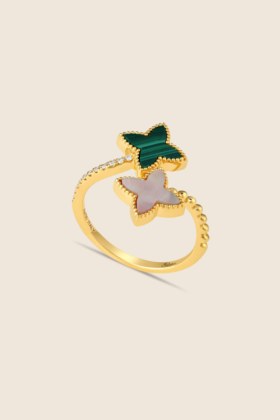 Amara yellow gold diamond toi-moi ring with malachite and MOP