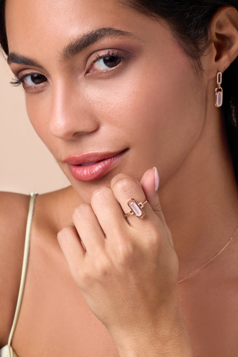 affinity rose gold diamond ring with rose quartz