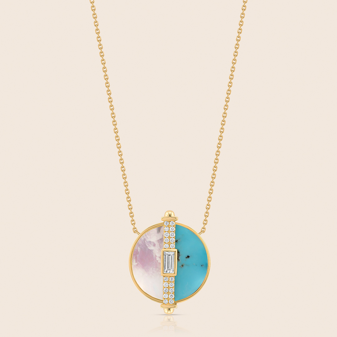 171 novelty yellow gold diamond pendant with mop and turquoise - Image 1