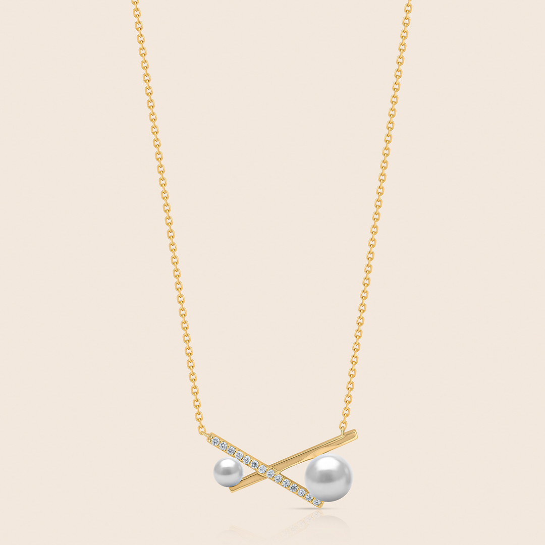 173 lavita yellow gold diamond cross bar pendant with two pearls - Image 1