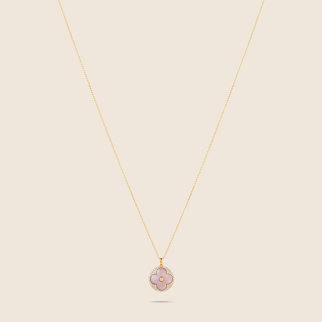 45J2494225_1 Amara yellow gold diamond necklace with pink MOP - Image 1