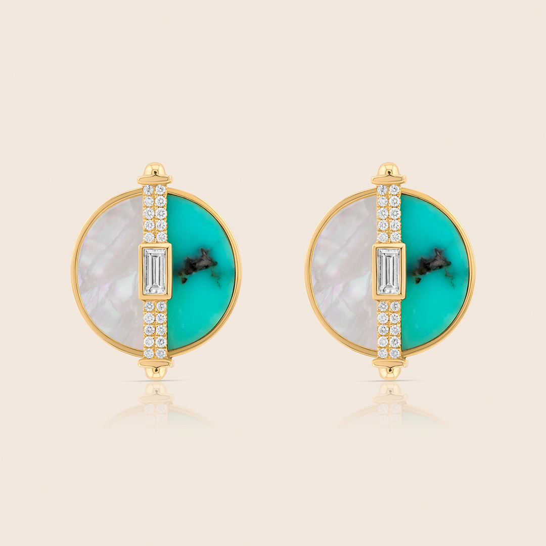 76 novelty yellow gold diamond earring with mop and turquoise - Image 1