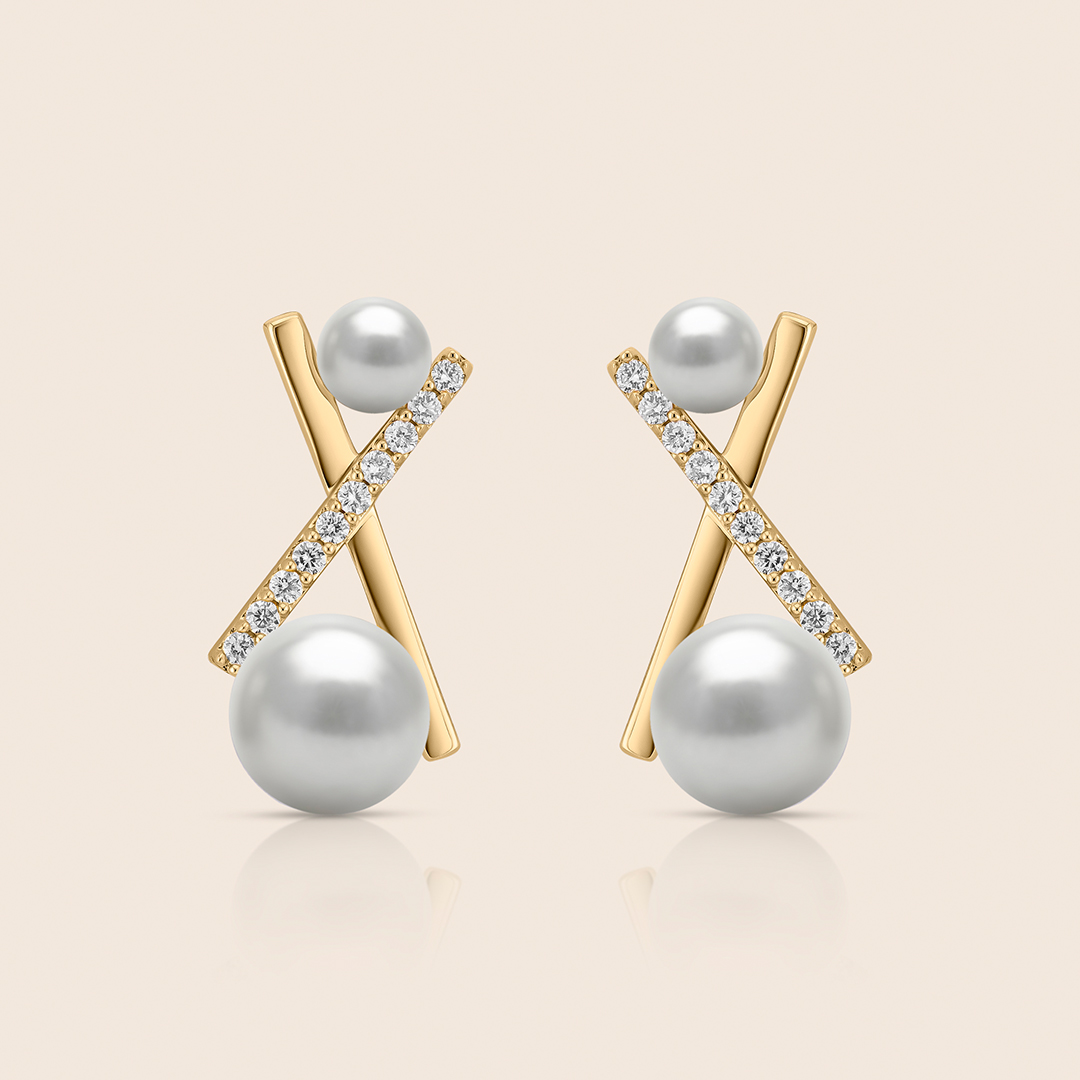 80 lavita yellow gold diamond cross bar earring with two pearls - Image 1