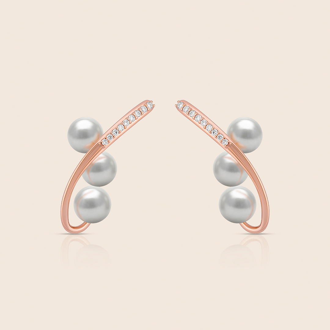 94 lavita rose gold diamond curved earring with 3 pearls - Image 1