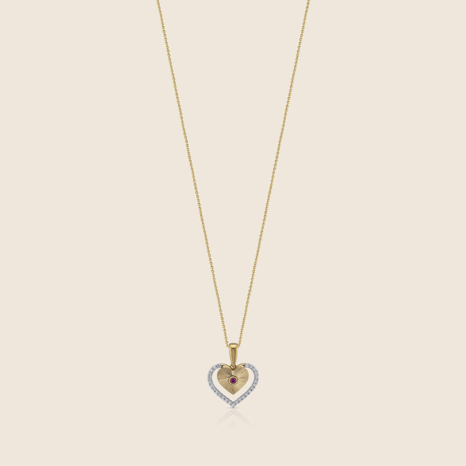 Esme yellow gold diamond heart in heart pendant with ruby