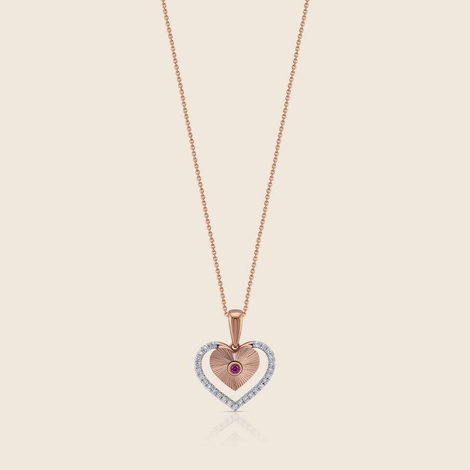 Esme rose gold diamond heart in heart pendant with ruby