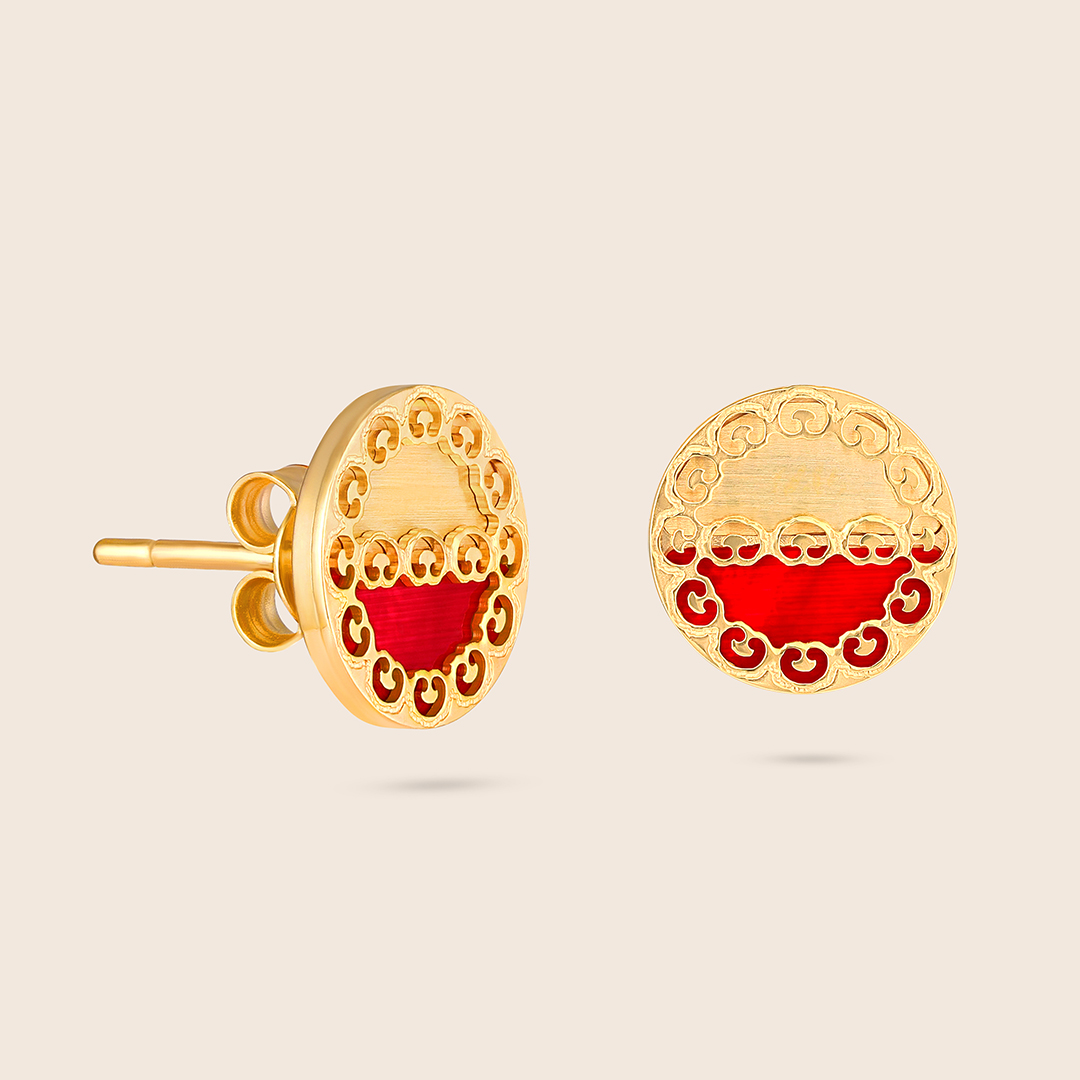 RMB9GR8KJC_1 Novelty yellow gold dangling earring with ruby - Image 1
