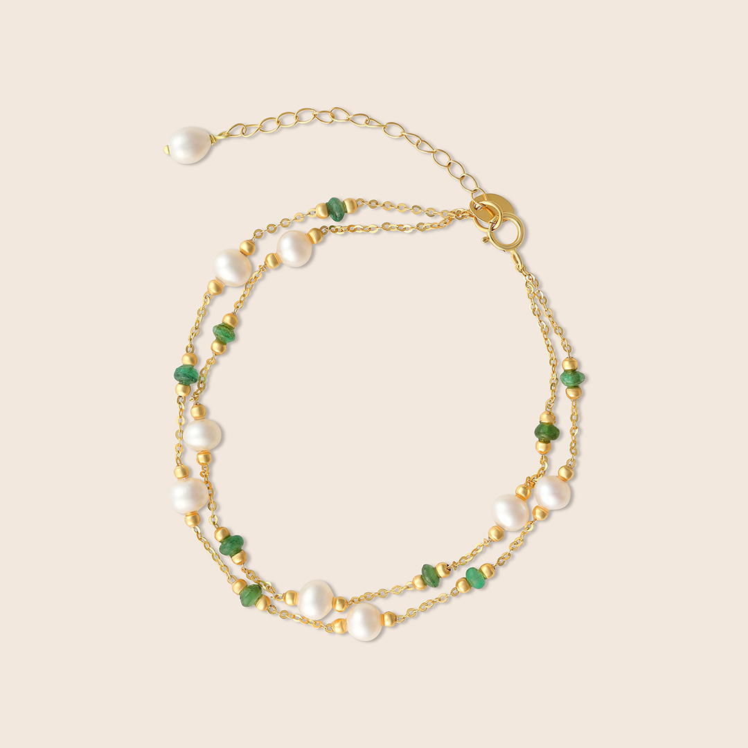 VBRMUGX6BF_1 Lavita yellow gold pearl layered bracelet with emerald beads - Image 1