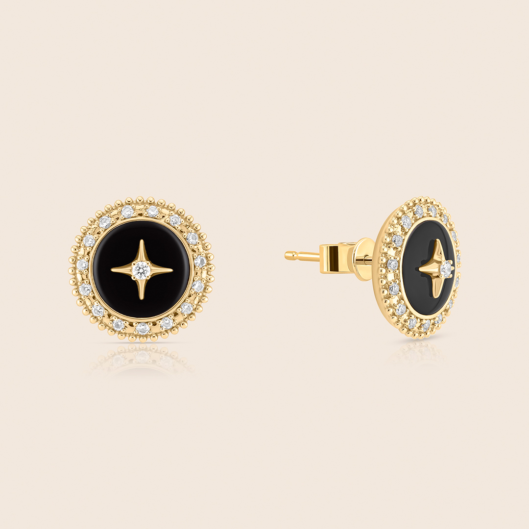 141 Flare yellow gold diamond earring with black onyx - Image 1