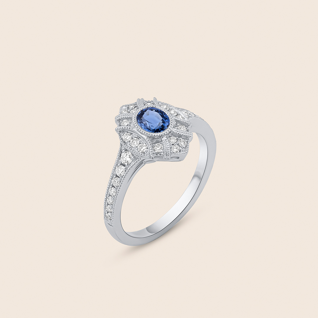 194 Revival white gold diamond ring with blue sapphire - Image 1