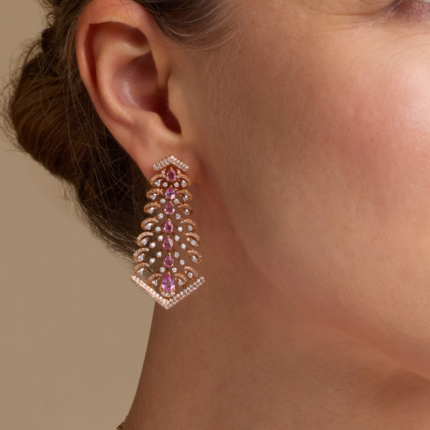 Classic rose gold diamond earring with pink sapphire