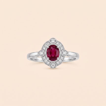 Revival white gold diamond oval ring with ruby