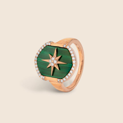 Flare rose gold diamond hexagonal ring with malachite