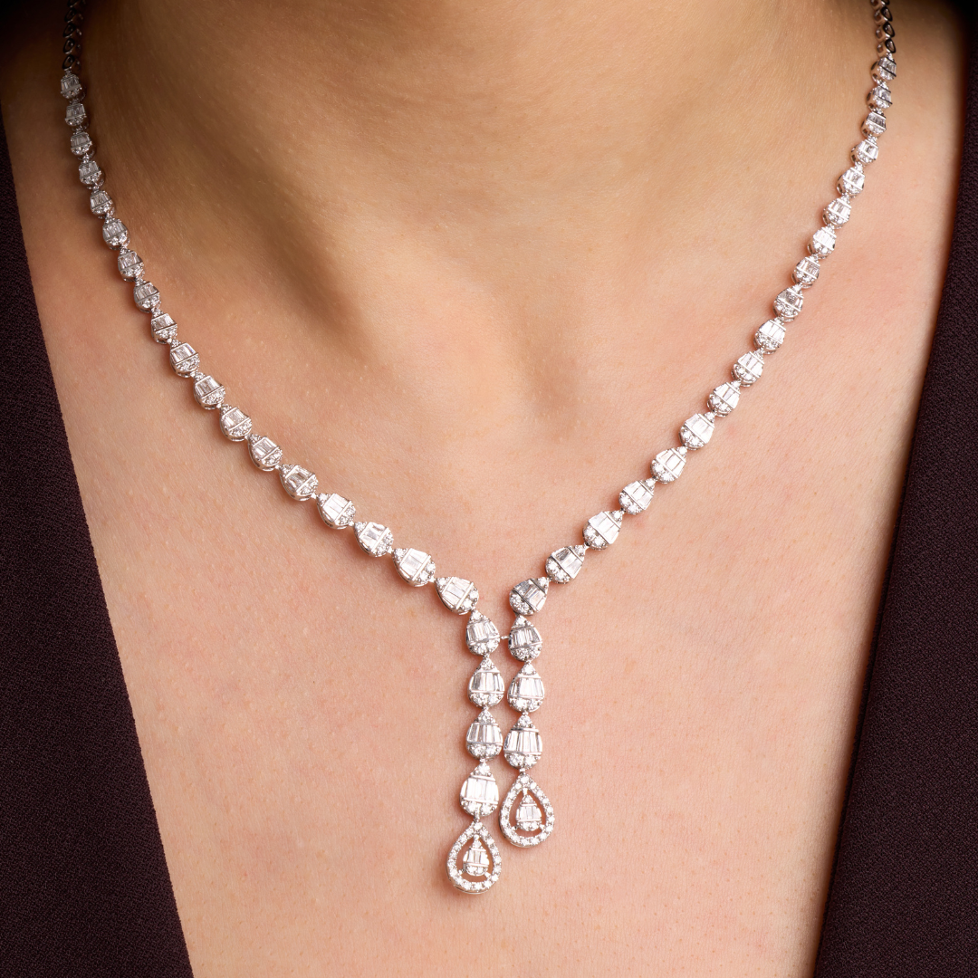 Untitled design (29) Classic white gold diamond dual drop necklace - Image 1