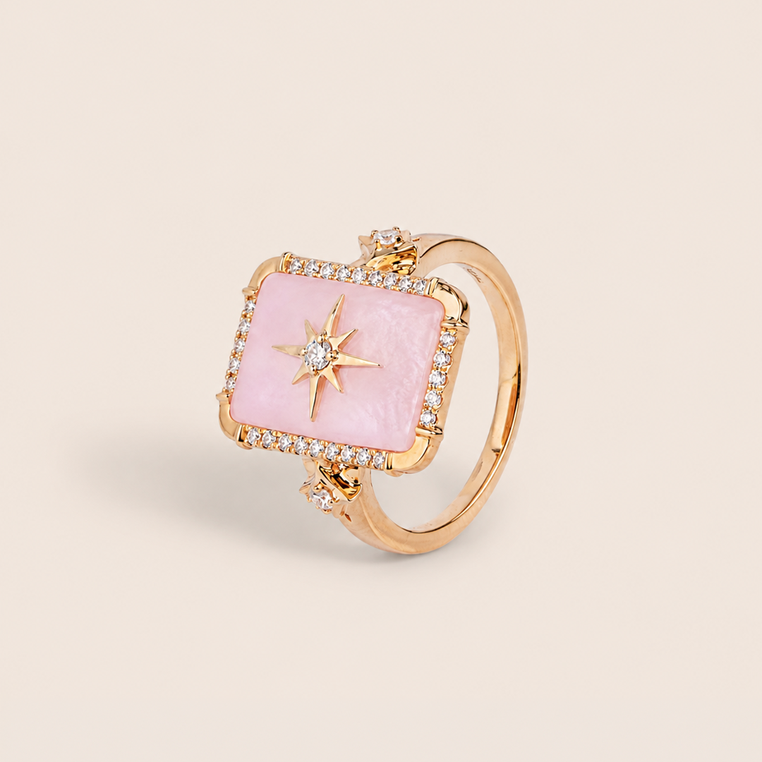 Untitled design (39) Flare rose gold diamond emerald shape ring with MOP - Image 1