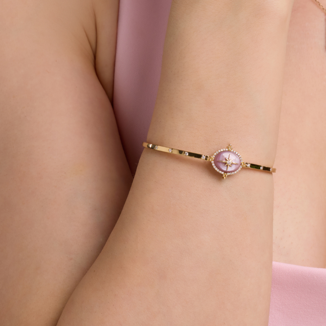 Untitled design (40) Flare rose gold diamond oval bangle with MOP - Image 1